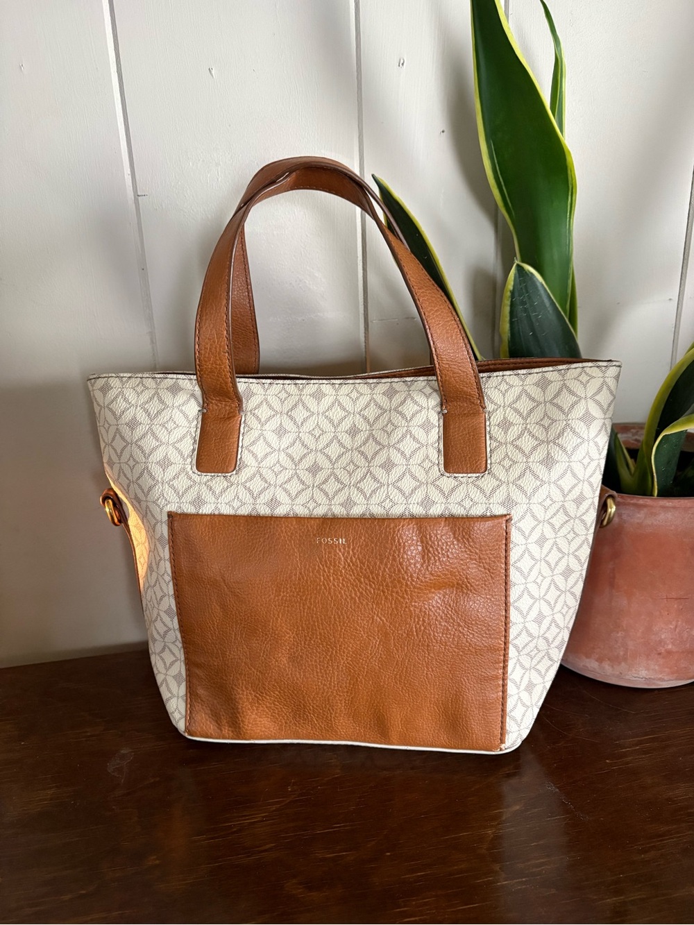 Fossil Cream and Tan Patterned Tote